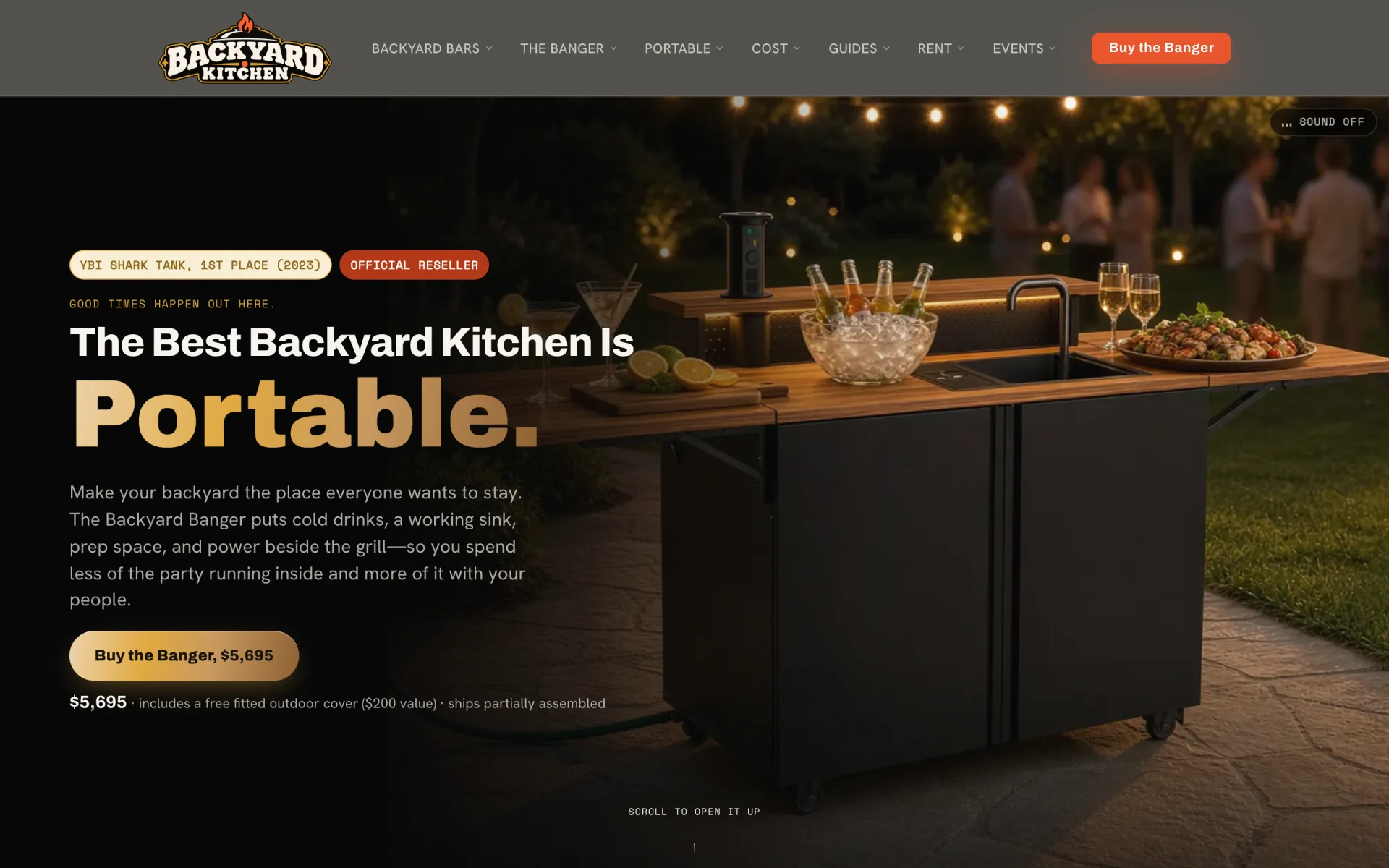 Homepage hero at night: a black outdoor kitchen cart with teak wings, a sink, an ice bowl of bottles and a platter of food on a patio under string lights, beside the headline The Best Backyard Kitchen Is Portable with Portable in large gold letters, YBI Shark Tank 1st Place (2023) and Official Reseller badges, and a Sound off toggle at top right.