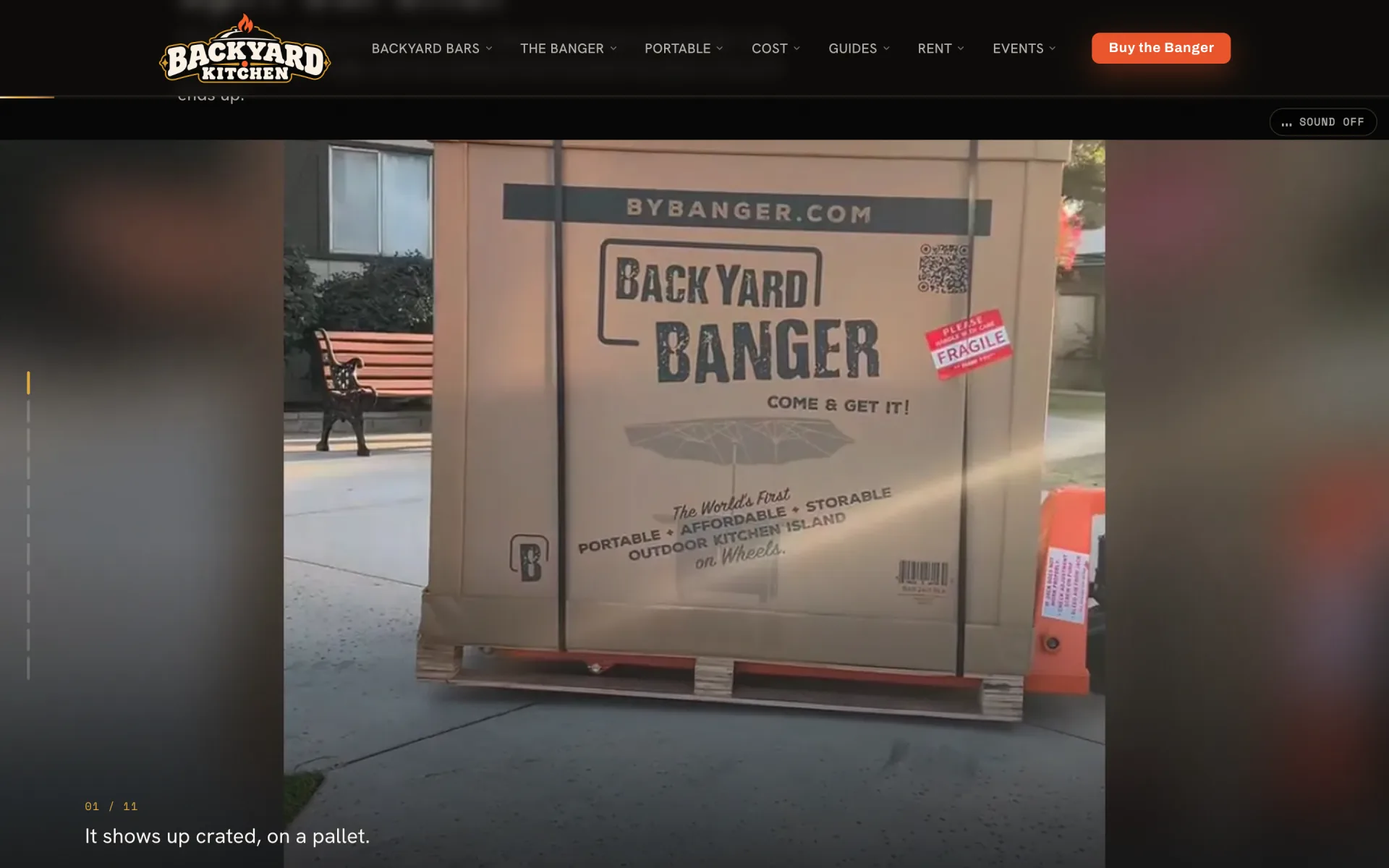 Chapter 01 of 11: a cardboard crate printed Backyard Banger strapped to a pallet on a sidewalk, with the line It shows up crated, on a pallet. and a progress rail of eleven ticks on the left edge.