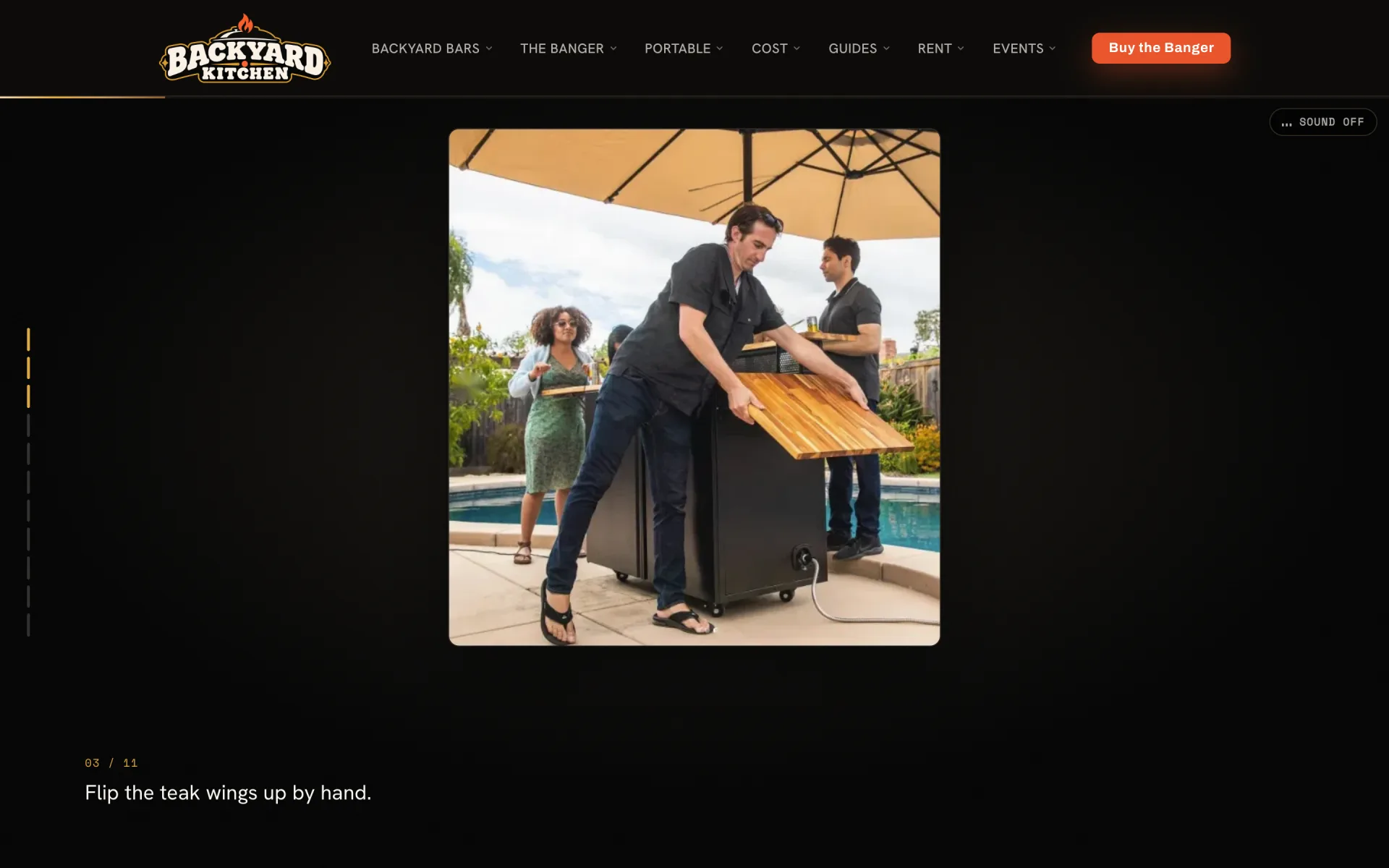 Chapter 03 of 11: a man by a pool lifting one teak wing of the black cart by hand while two guests watch, captioned Flip the teak wings up by hand.
