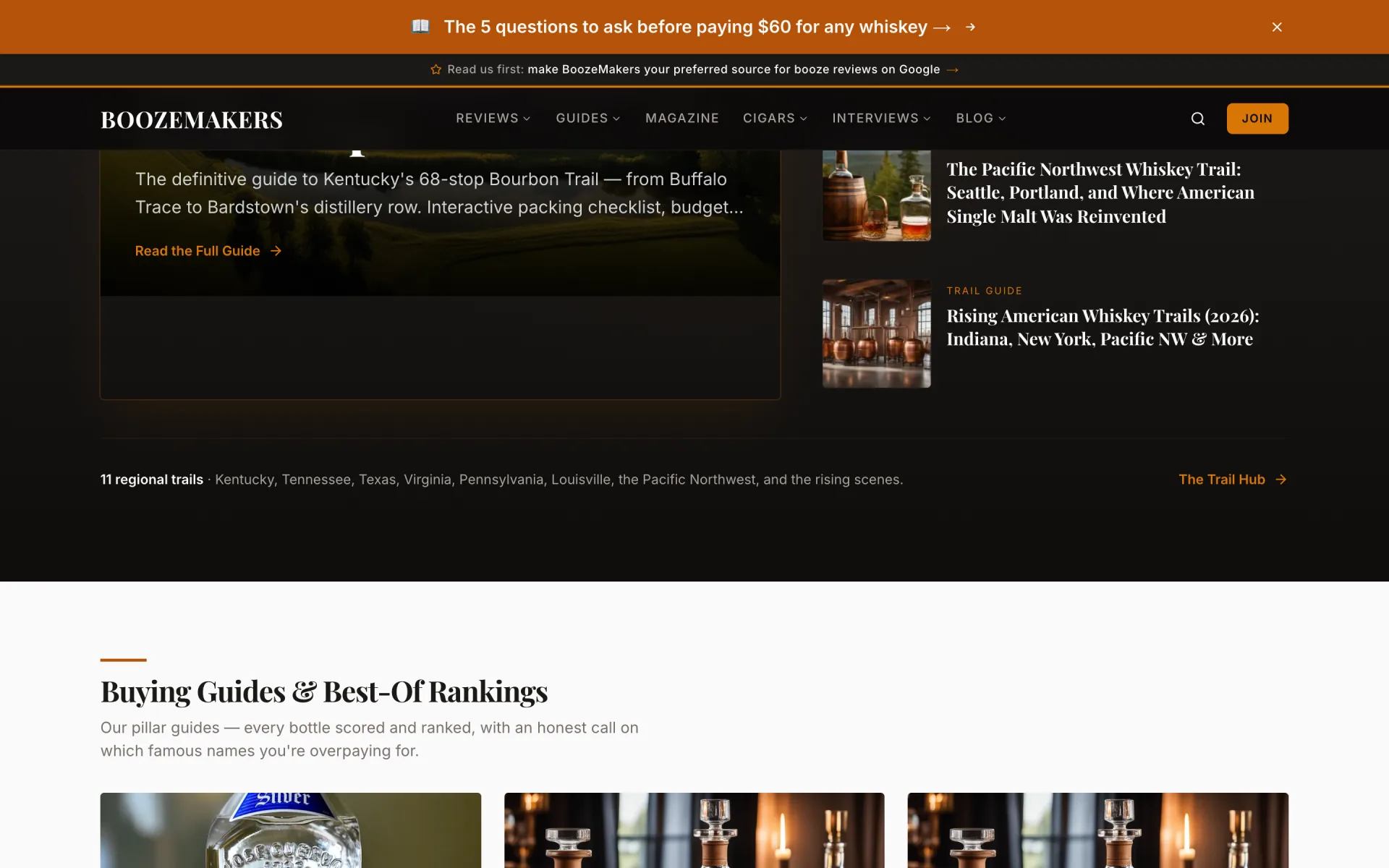 The end of the dark trail section with guide cards for the Pacific Northwest and rising American whiskey trails, then a light section headed Buying Guides and Best-Of Rankings in serif with an amber rule.