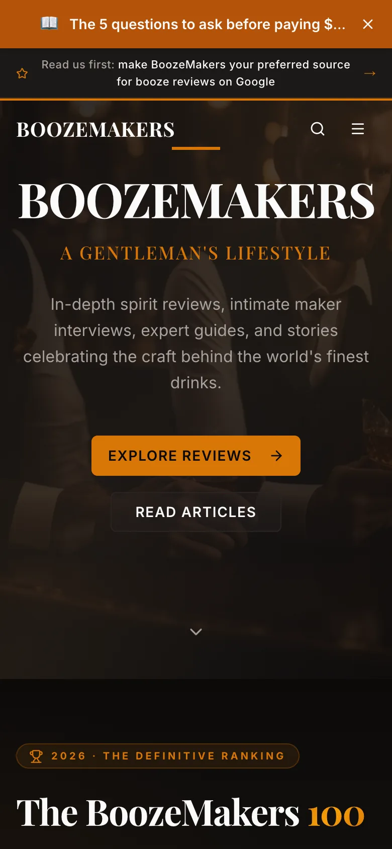 The hero on a phone: an amber banner, the serif wordmark, A Gentleman's Lifestyle in amber, and an amber Explore Reviews button.