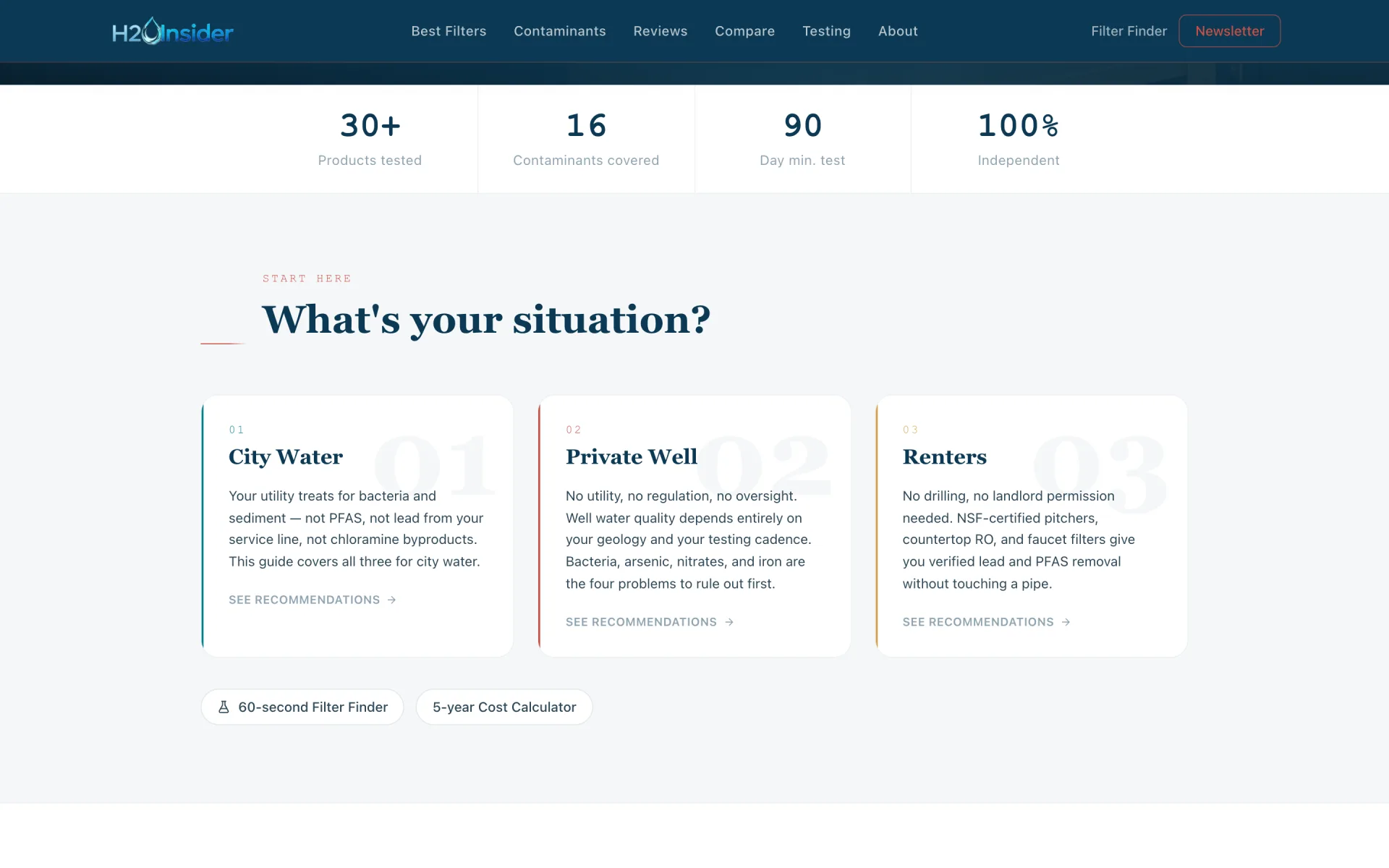 A white stats strip above a pale blue section headed What's your situation? in navy serif, with three white cards for City Water, Private Well and Renters, each with a faint large numeral behind it.