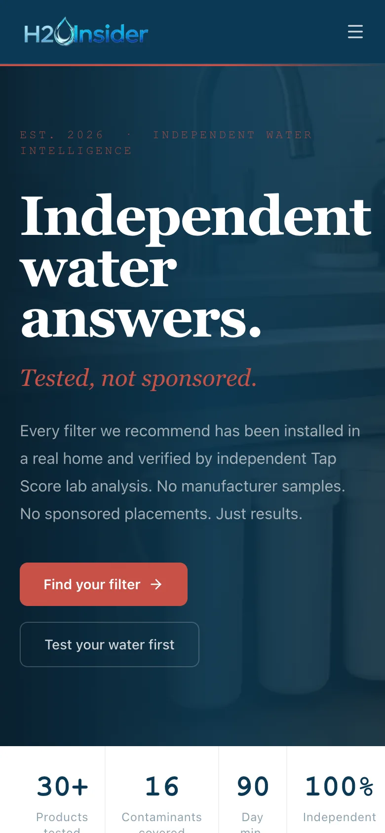 The hero on a phone: the serif headline stacked over three lines, the red italic standfirst, and the two buttons.