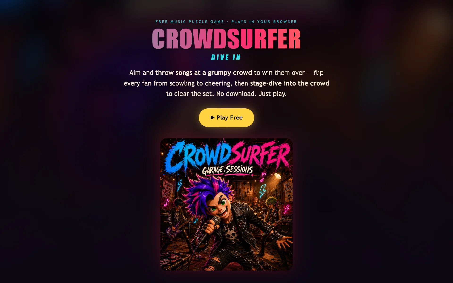 Game homepage on a dark purple club background: the CrowdSurfer wordmark in a gradient from mauve to hot pink, the line Dive In in cyan, a yellow Play Free button, and square key art of a cartoon punk singer with purple and pink spiked hair shouting into a microphone under a graffiti CrowdSurfer Garage Sessions logo.