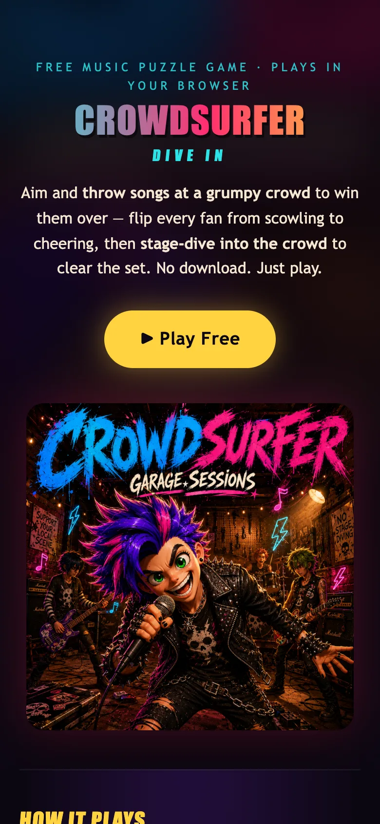 The game homepage on a phone: gradient wordmark, Play Free button and the punk singer key art filling the width.